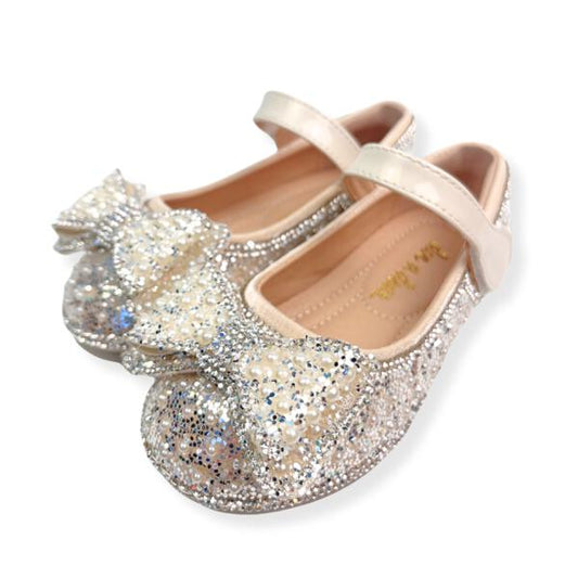 Bowtie Glitter Stud Heel Shoes - Beige Gold