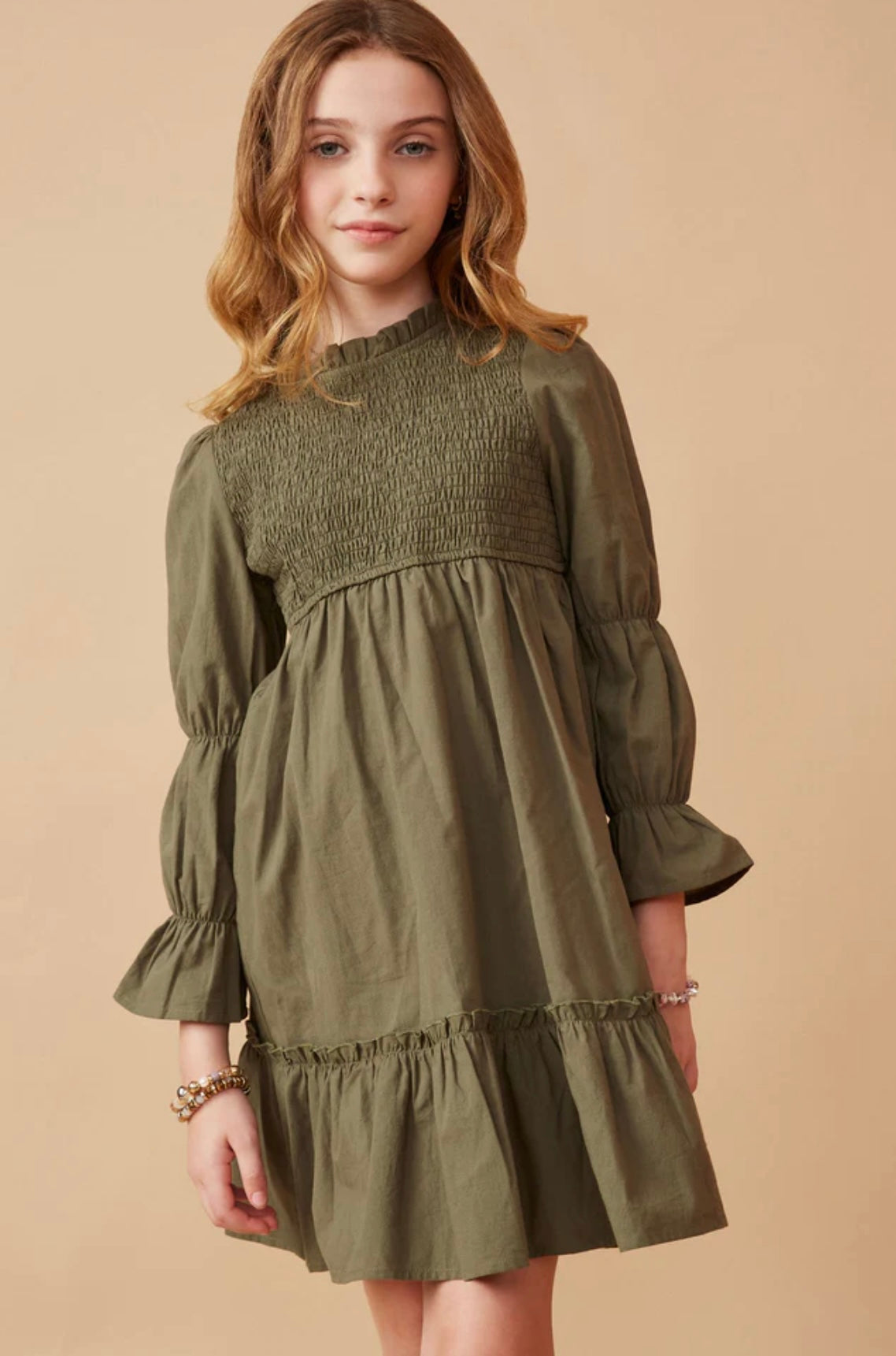 Olive Smocked Bodice Dress