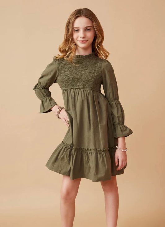 Olive Smocked Bodice Dress