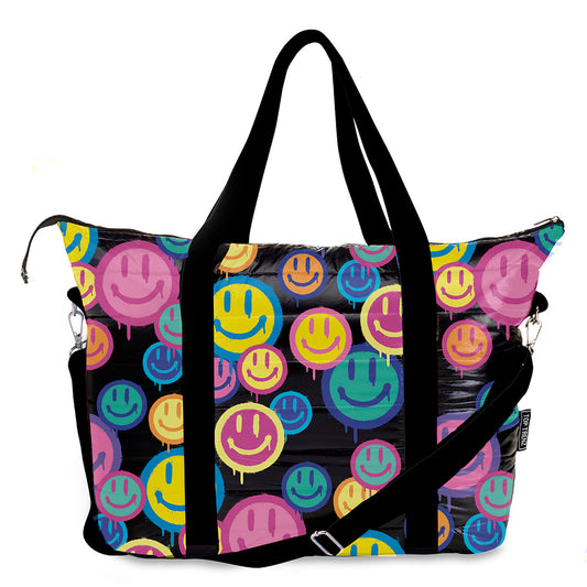 Black Spray Happy Print Tote Bag