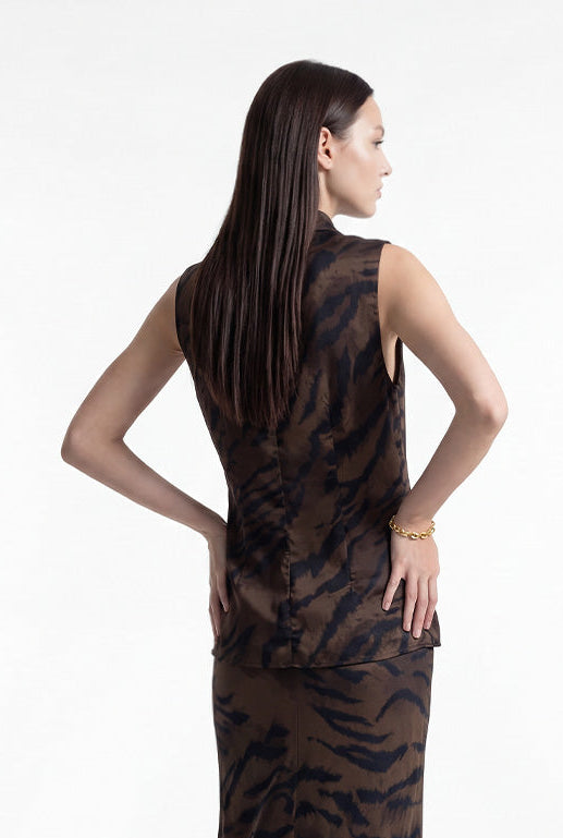 Animal Print Drape Collar Blouse