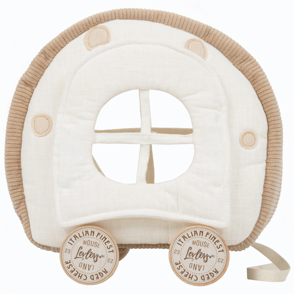 Levlovs Cheesy Express cheese-shaped doll carriage with magnetic door and wooden wheels