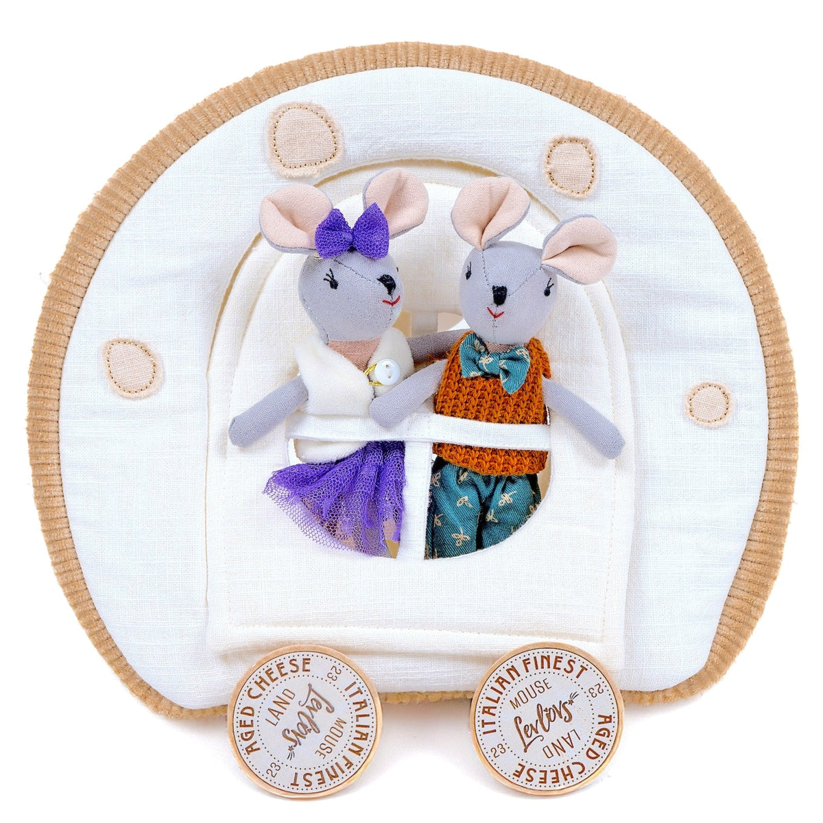 Side view of the Levlovs Cheesy Express cheese carriage for dolls
