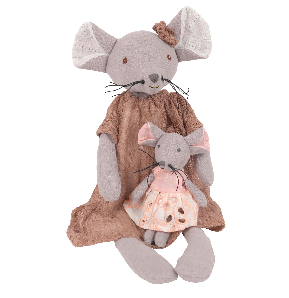 Levlovs Mom and Baby Mouse linen dolls, a mama mouse in a vintage dress holding her baby mouse