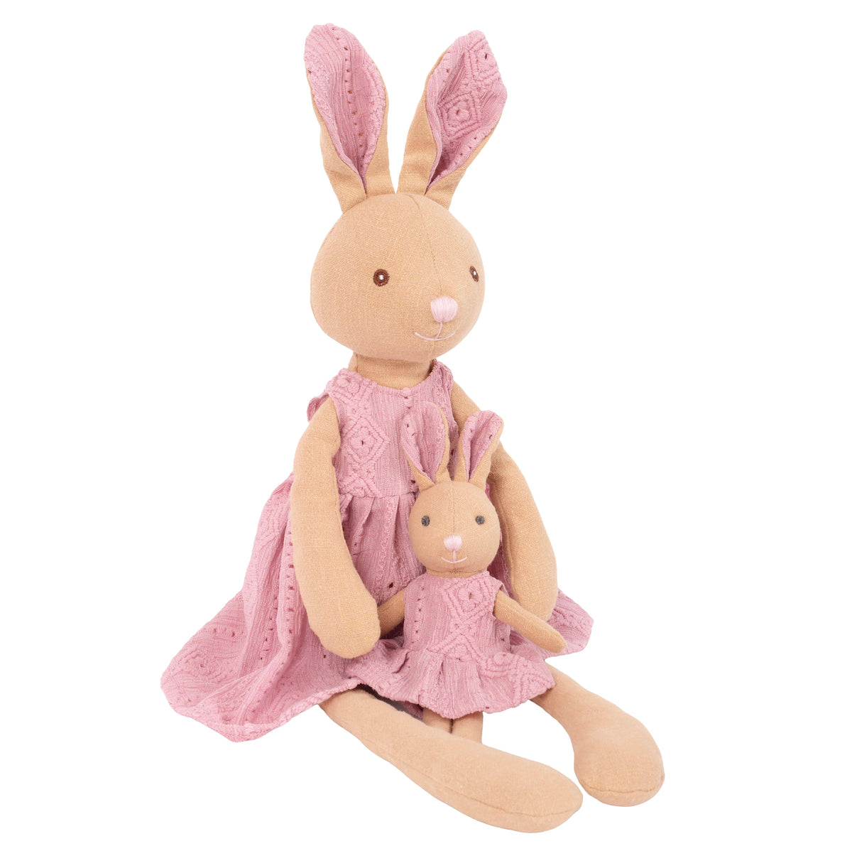 Levlovs Mom and Baby Rabbit linen dolls, a mama bunny in a pastel dress cradling her baby bunny