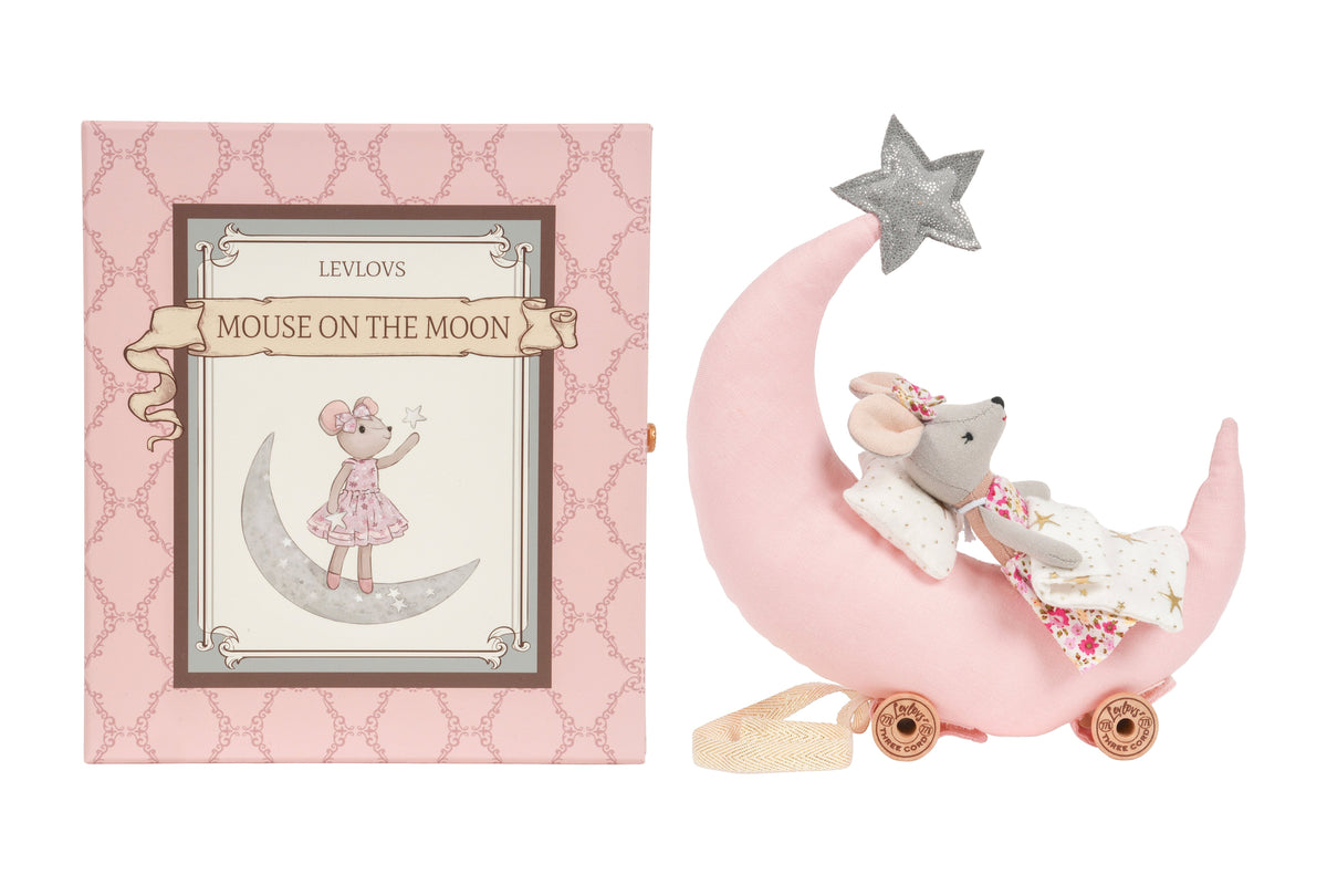 Close-up of the Levlovs Sweet Dreams moon mouse doll with moon and stars box