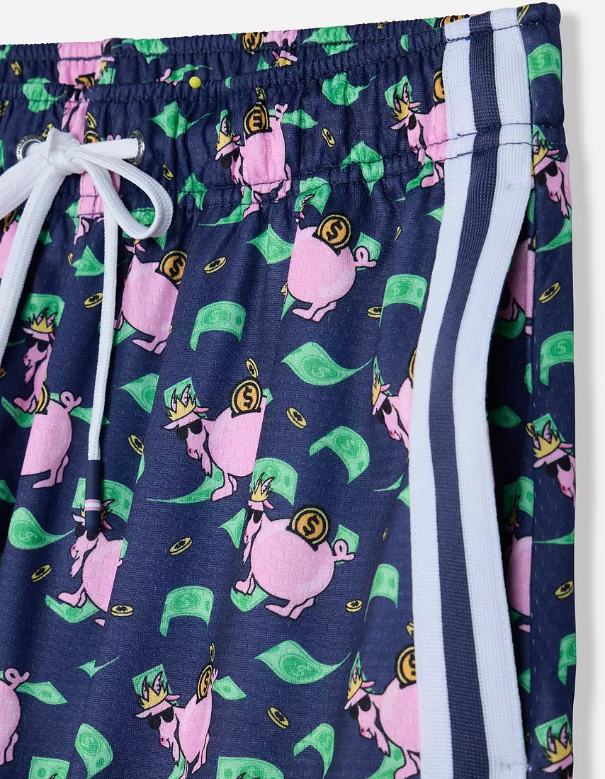Piggy Bank Print Navy Mesh Shorts