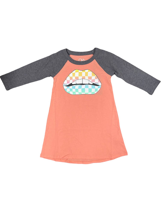 Peach Dress w Checkered Lips