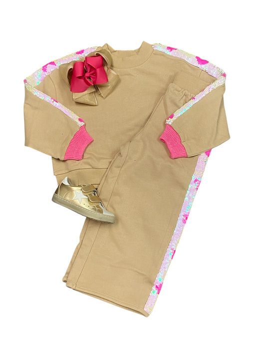 Beige Sequin Stripe Pant Set