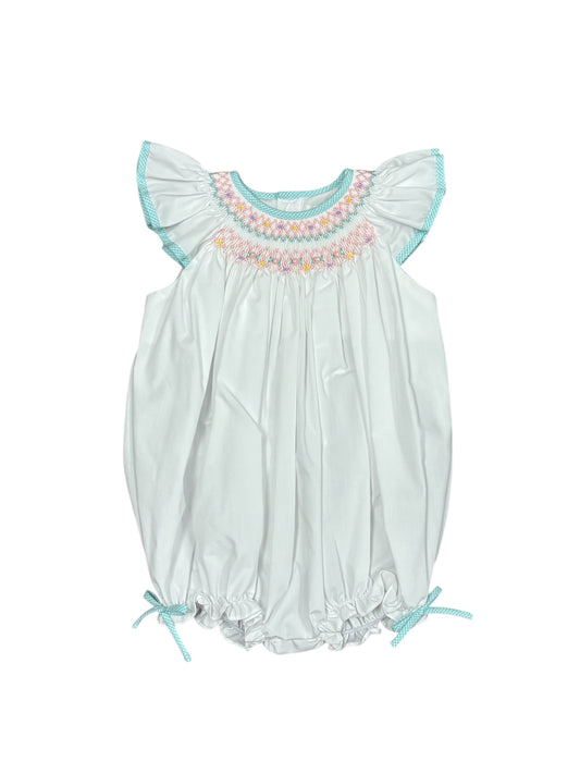 White & Teal Smocked Embroidered Bubble