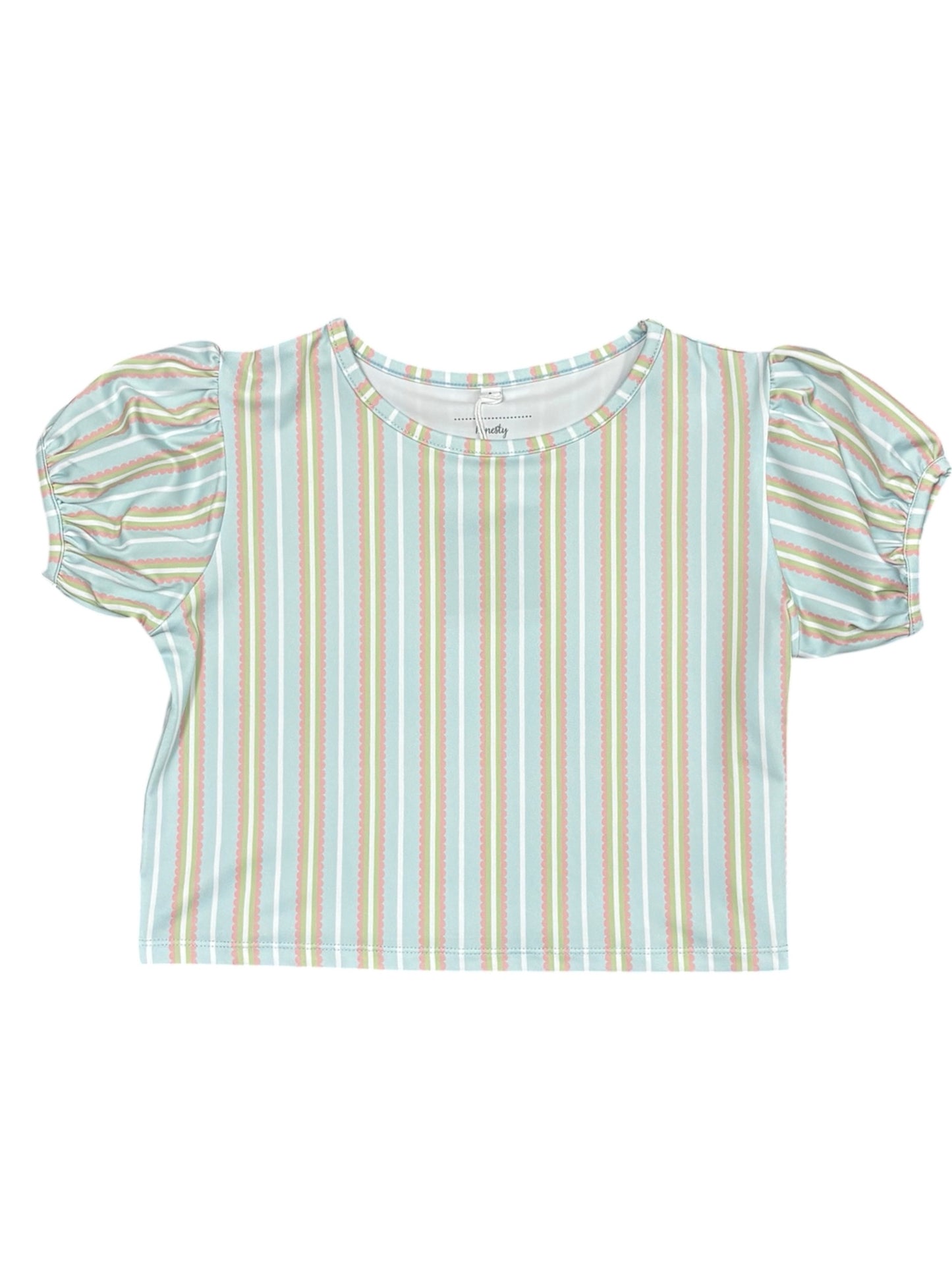 Blue/Pink Stripe Puff Sleeve Top