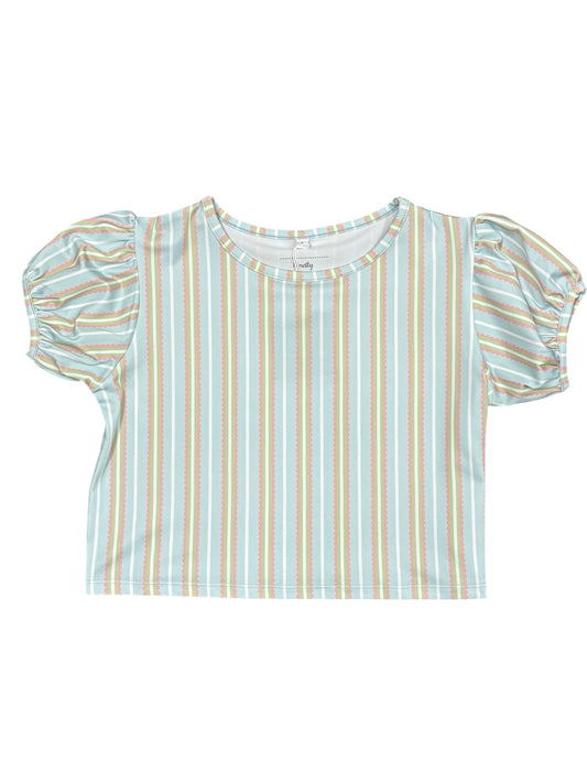 Blue/Pink Stripe Puff Sleeve Top