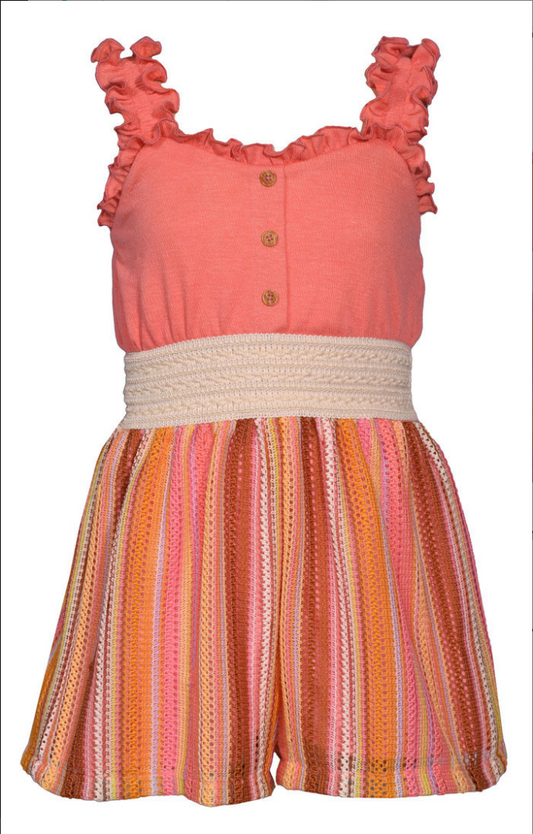 Coral Stripe Crochet Romper