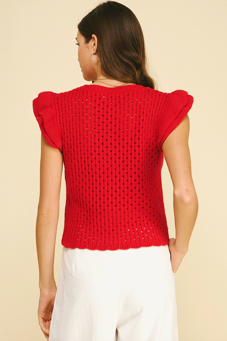 Red Ruffle Sleeve Open Knit Top