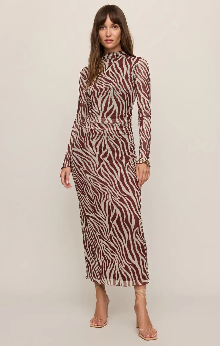 Sevilla Zebra Mesh Midi Dress - Velvet Rouge