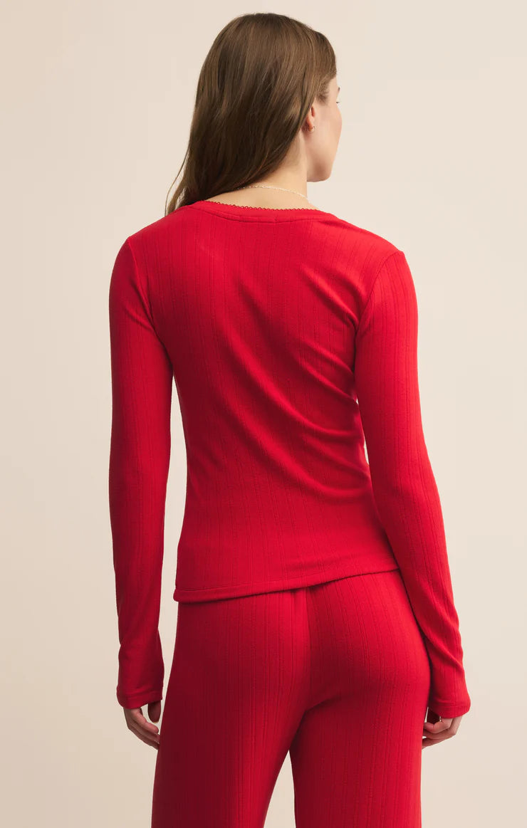 Holly Pointelle LS Top - Festive Red