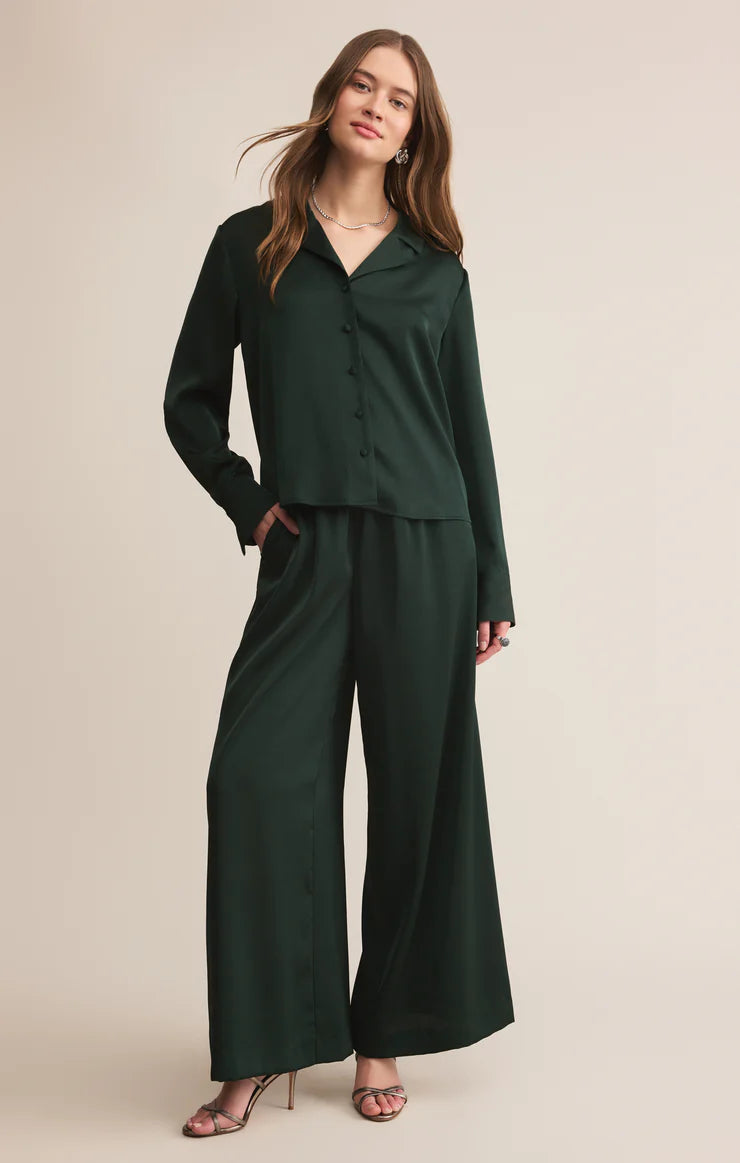 Isolde Wide Leg Satin Pant - Green Garland