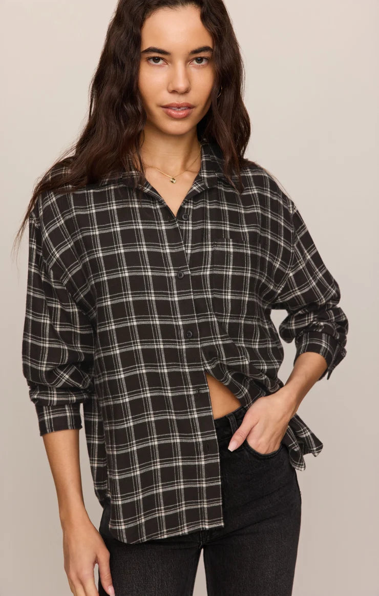 River Plaid Button Up - Ash Black