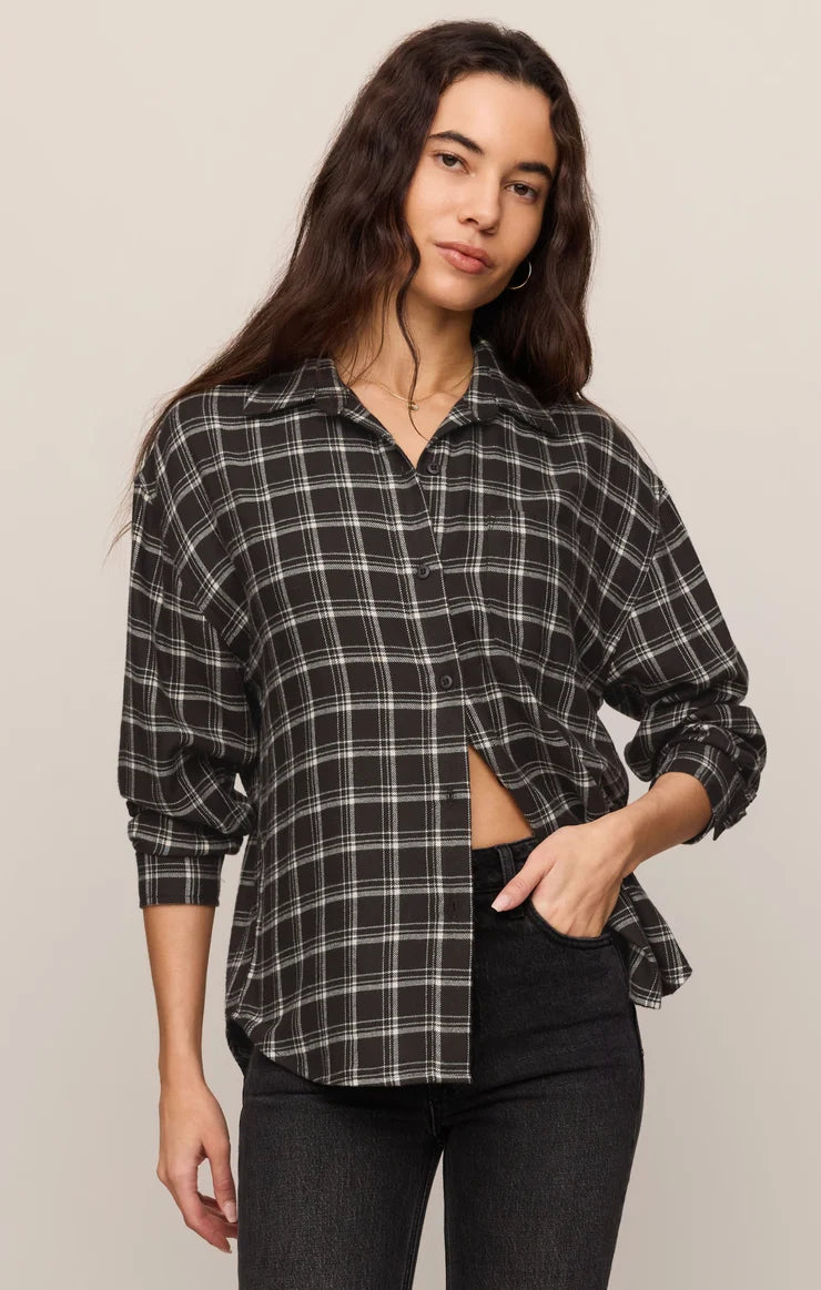 River Plaid Button Up - Ash Black