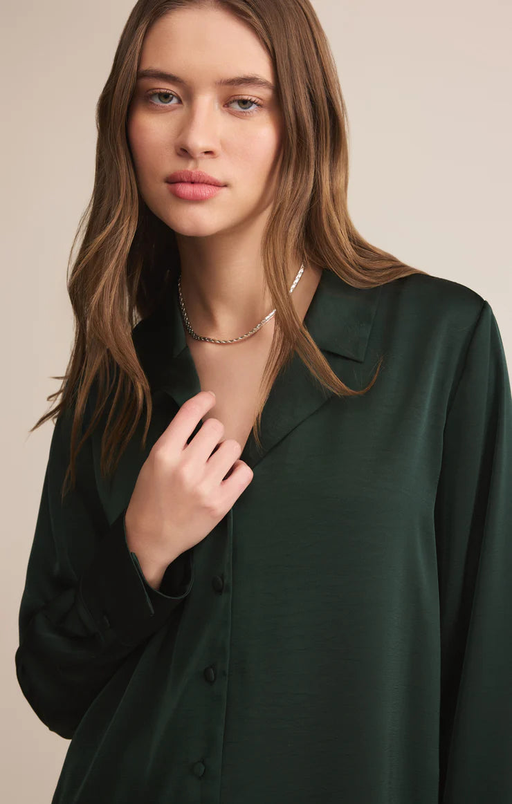 Ana Satin Button Up - Garland Green