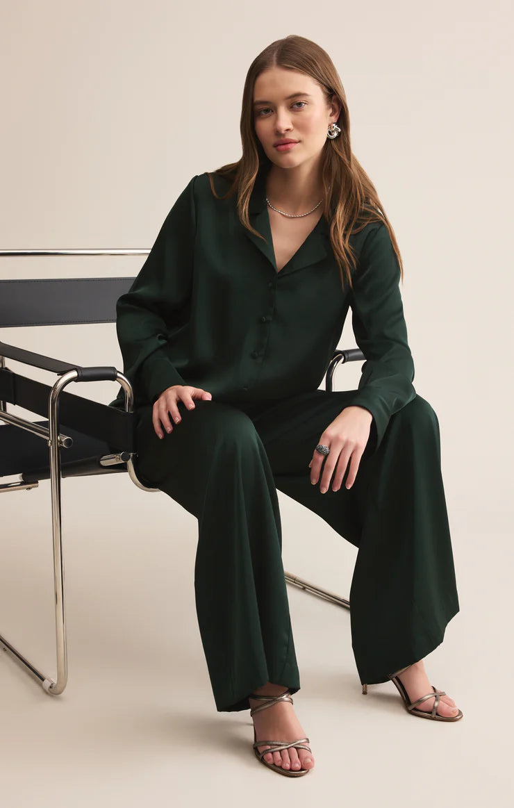 Ana Satin Button Up - Garland Green