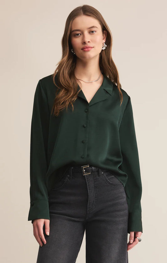 Ana Satin Button Up - Garland Green