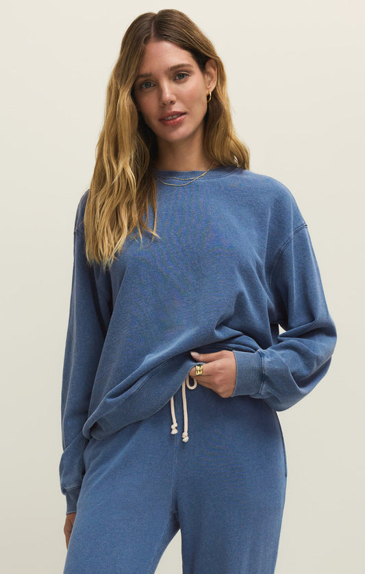 Boyfriend Knit Denim Sweatshirt - Calypso Blue Indigo
