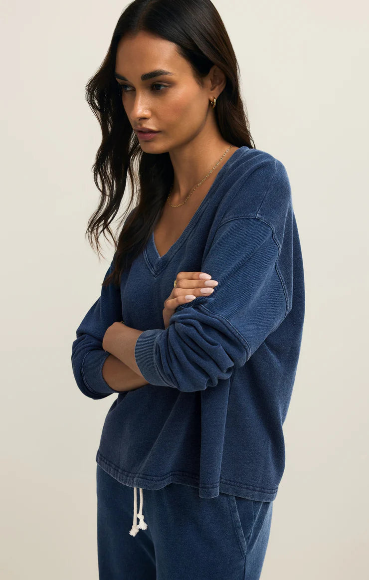 Delphine Knit Denim V-Neck Sweatshirt - Indigo
