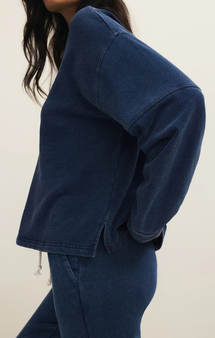 Delphine Knit Denim V-Neck Sweatshirt - Indigo