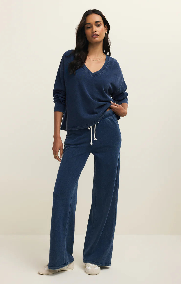 Delphine Knit Denim V-Neck Sweatshirt - Indigo
