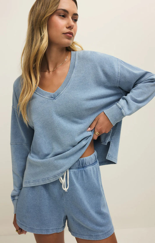 Delphine Knit Denim V-Neck Sweatshirt - Ocean Air Indigo