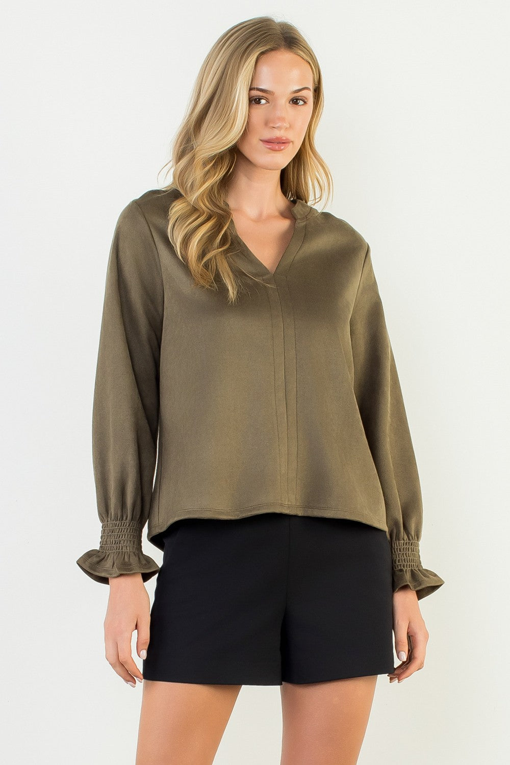 Classic V Neck Suede Top In Olive