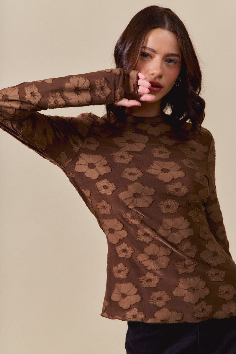 Floral Mock Neck Long Sleeve Top - Brown