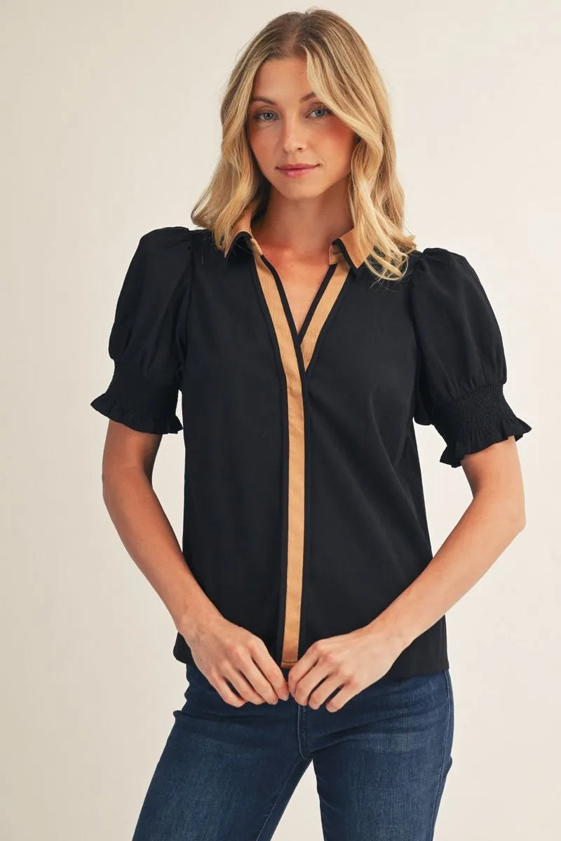 Black Contrast Puff Sleeve Top