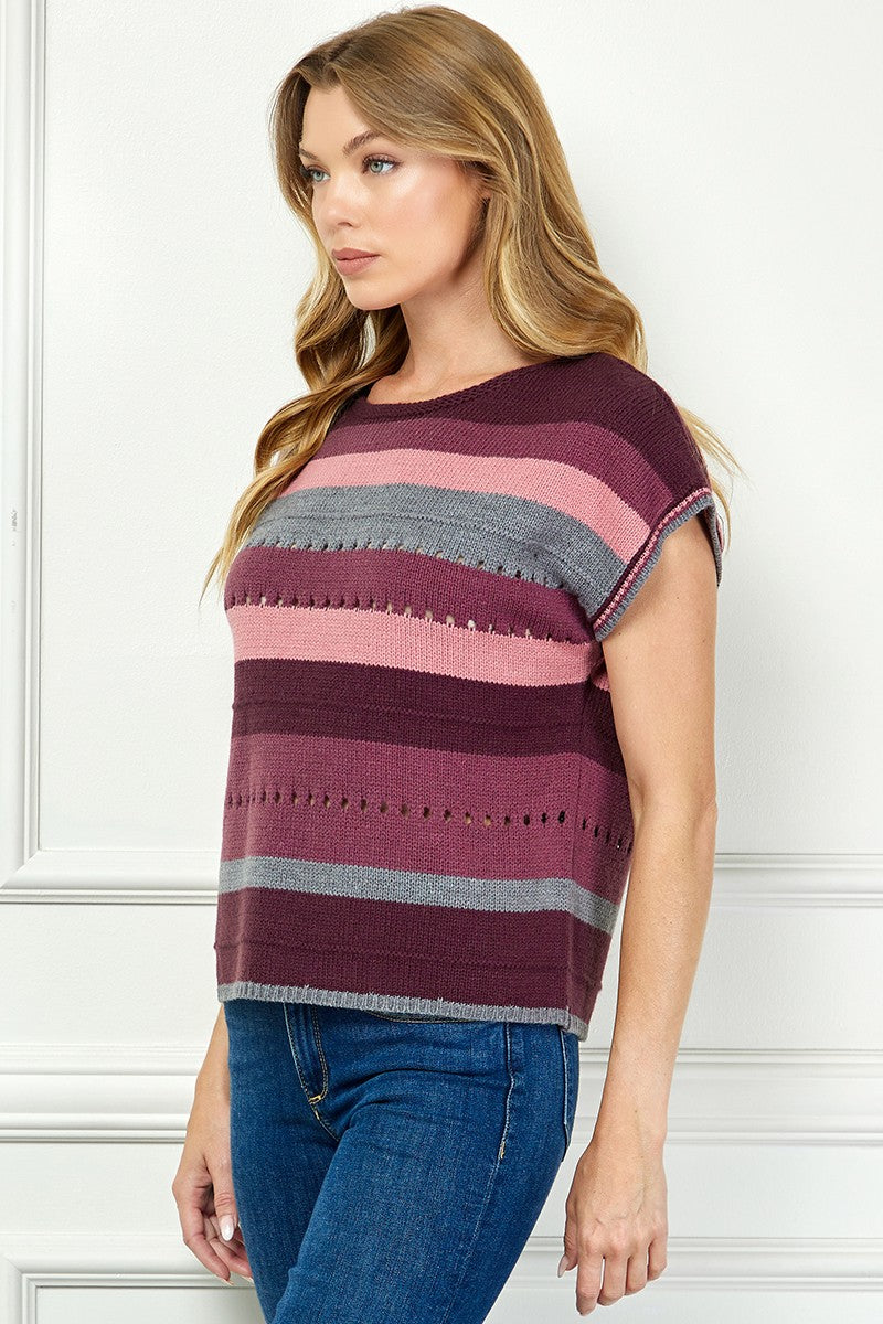Berry Striped Cap Sleeve Sweater Top