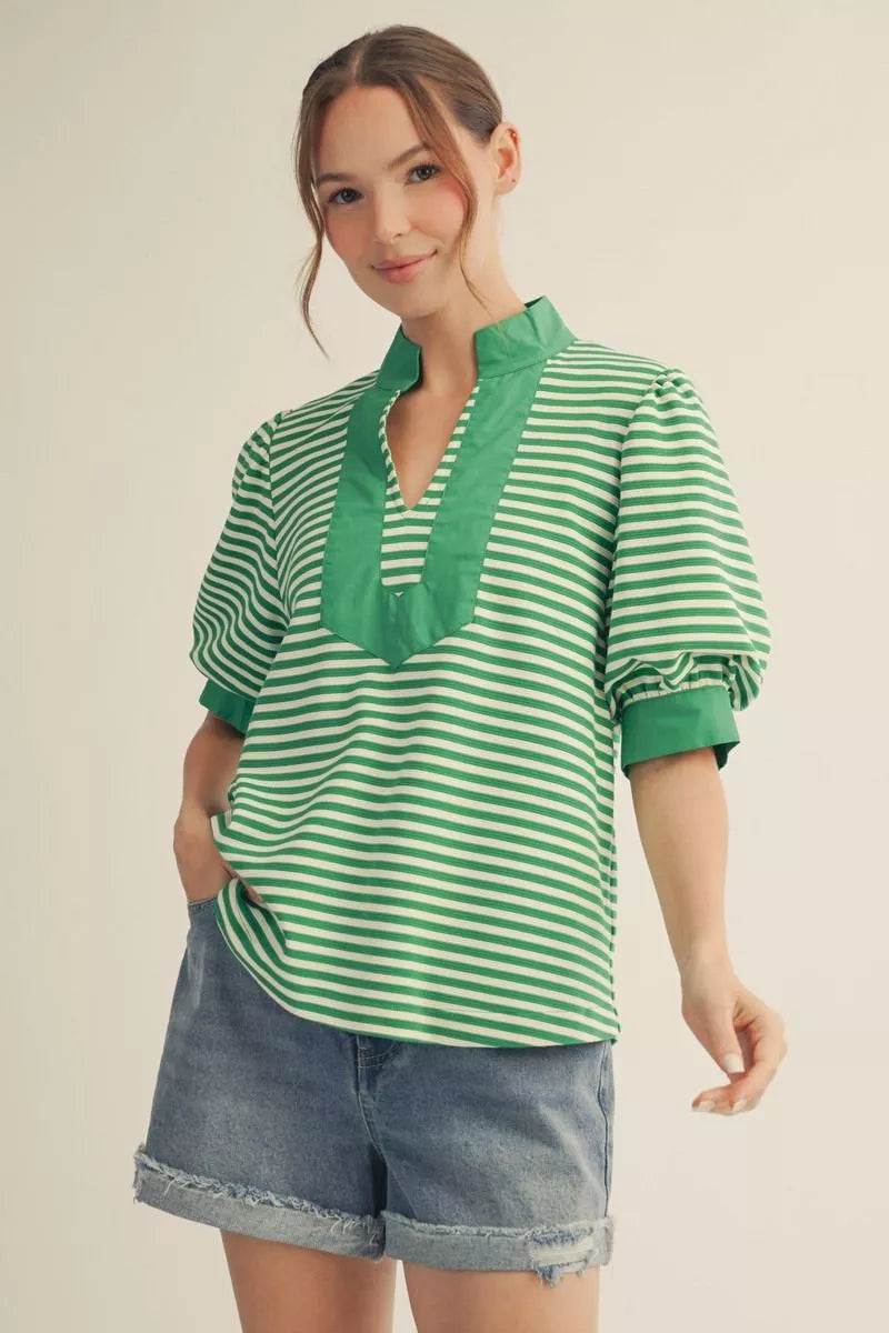 Striped Puff Sleeve Blouse - Kelly Green