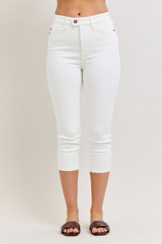 High Waisted Tummy Control Capri Jean - White