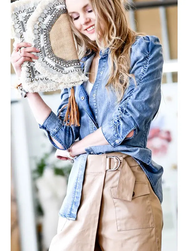 Shirring Detail Sleeve Top - Denim Blue