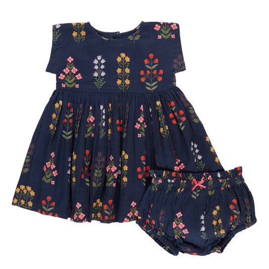 Navy Field Floral Baby Dress Set