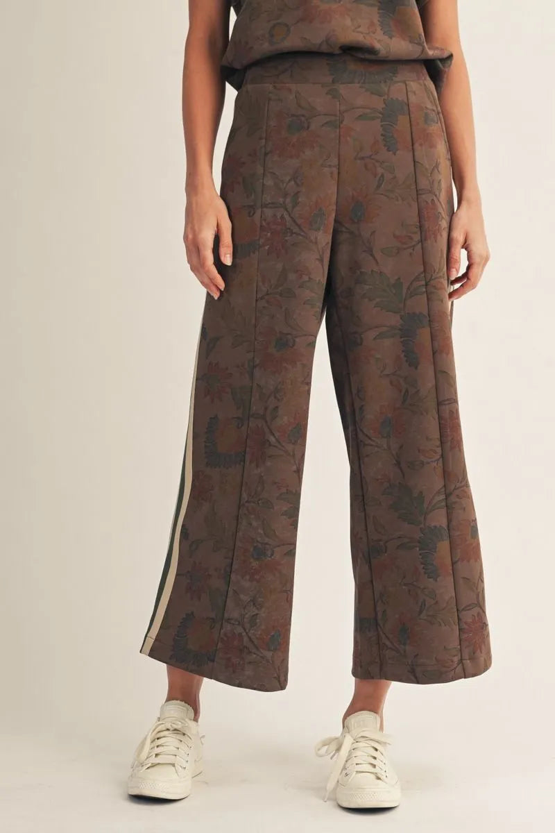 High Waist Wide Leg Floral Pant - Brown