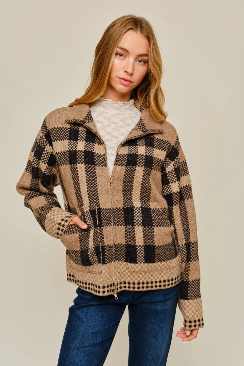 Plaid Zip Up Cardigan - Taupe