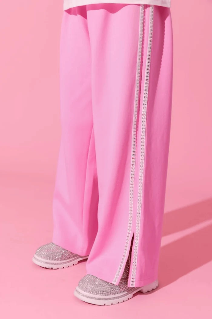 Pink Gem Trim Wide Leg Track Pants