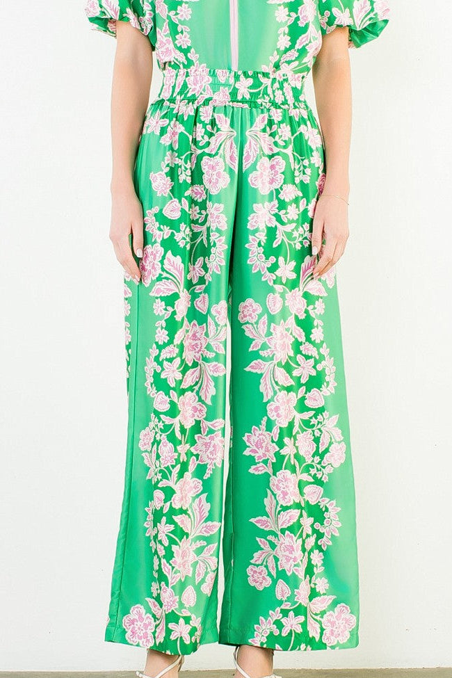 Green Wide Leg Floral Pattern Pant