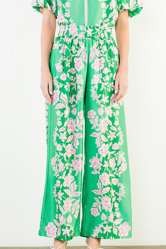 Green Wide Leg Floral Pattern Pant