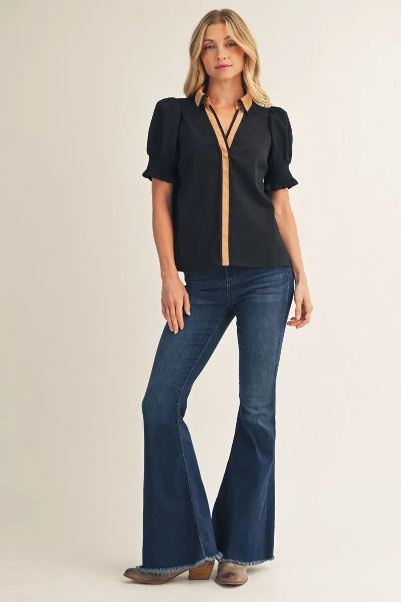 Black Contrast Puff Sleeve Top