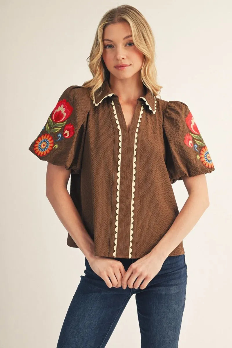 Brown Embroider Puff Sleeve Top