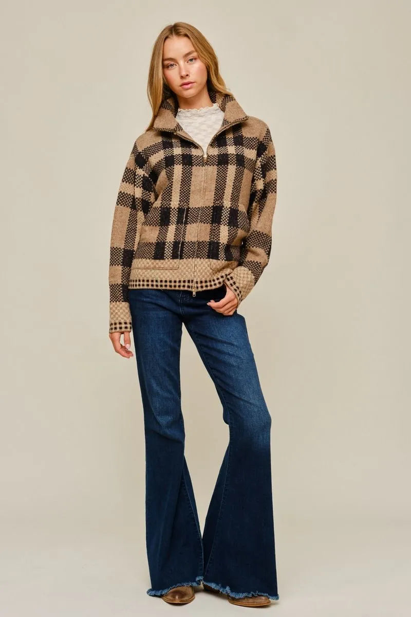 Plaid Zip Up Cardigan - Taupe