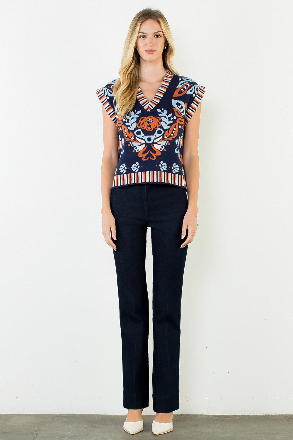 Flower Print With Stripe Detail Vest