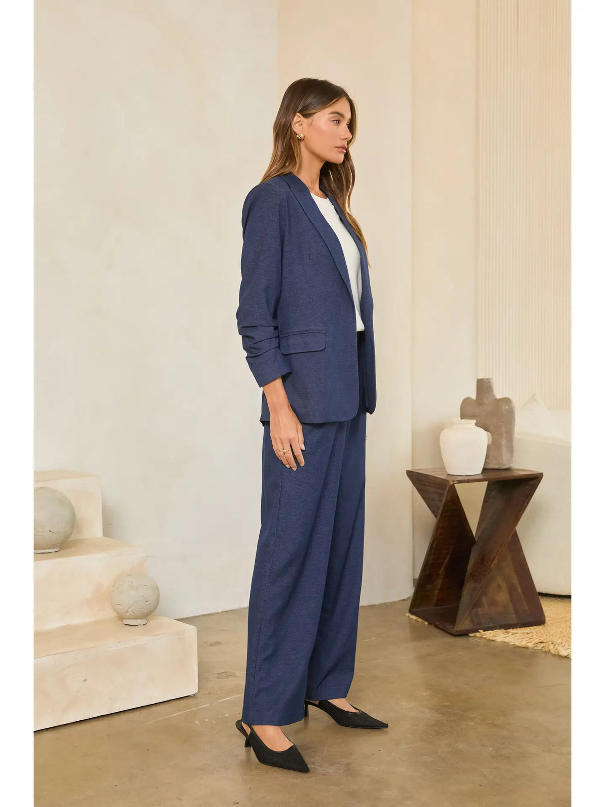 Open-Front Gathered Sleeve Blazer