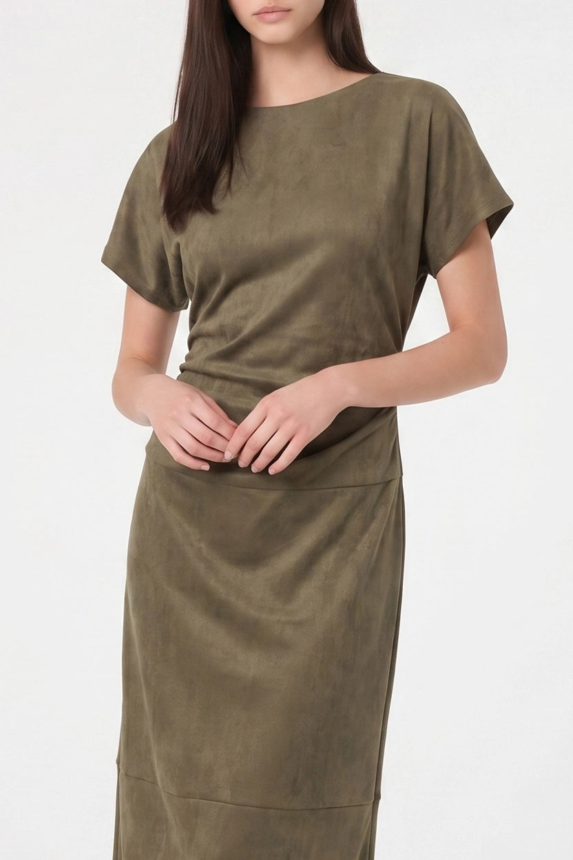 Faux Suede Draped Neckline Midi Dress